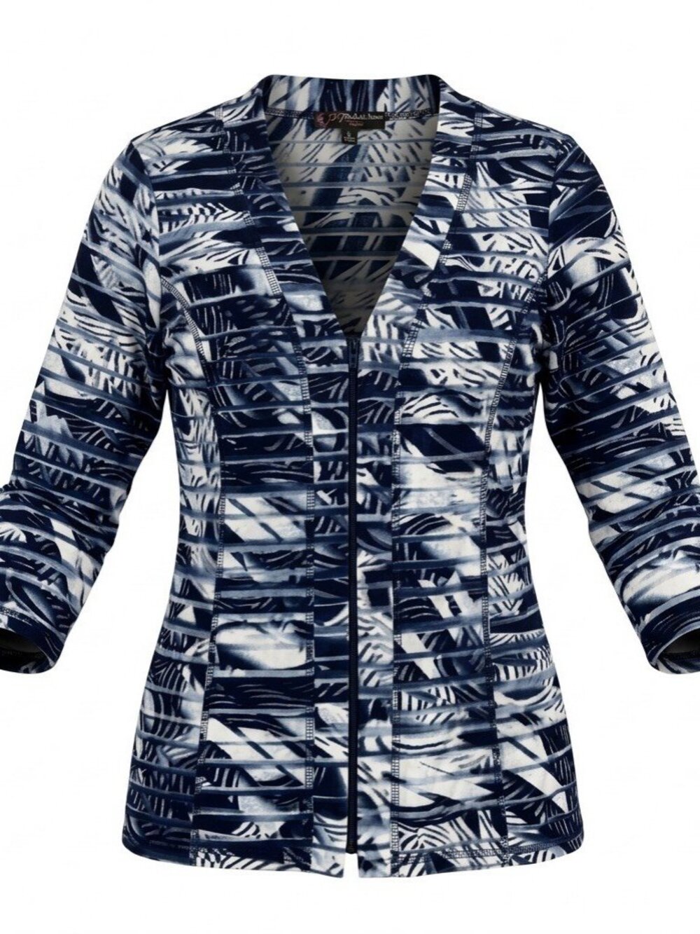 Peck & Peck Blue White Abstract Leaf Stripe Zip Jacket 3/4 Sleeve Size XL